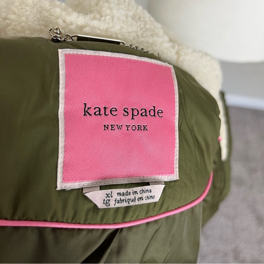 NWT KATE SPADE FAUX SHEARLING TRIM DOWN AND FEATHER FILL LONG COAT OLIVE SIZE XL - Picture 13 of 16